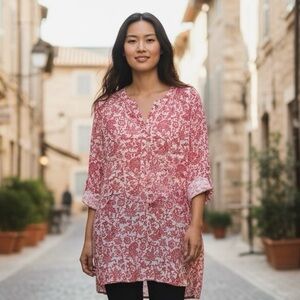 LOFT Red Floral Tunic Top